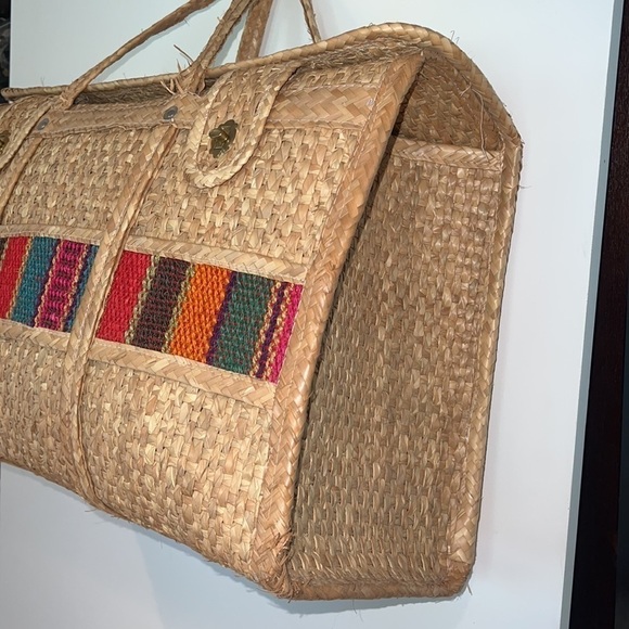 Vintage 1960’s Woven Grasscloth Straw XL Foldover Closure Tote - Picture 2 of 12
